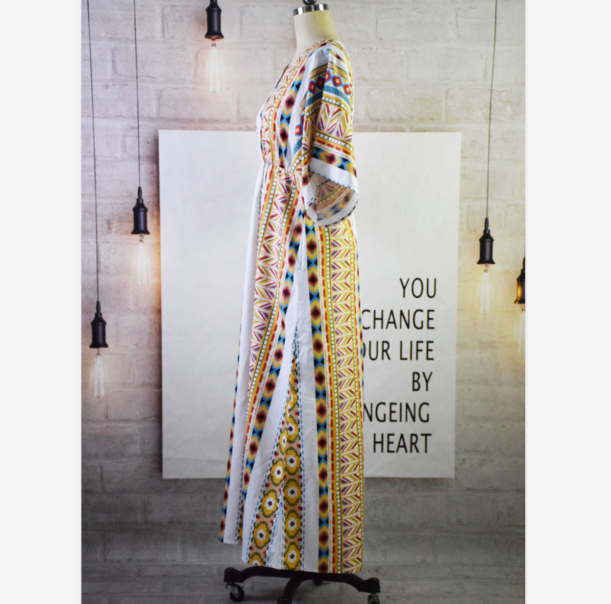 Family Matching Geometric Print V-neck Short Sleeve Long Dress