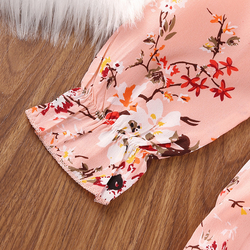 Kid Girls Princess Retro Long-sleved Autumn Winter Flower Dress