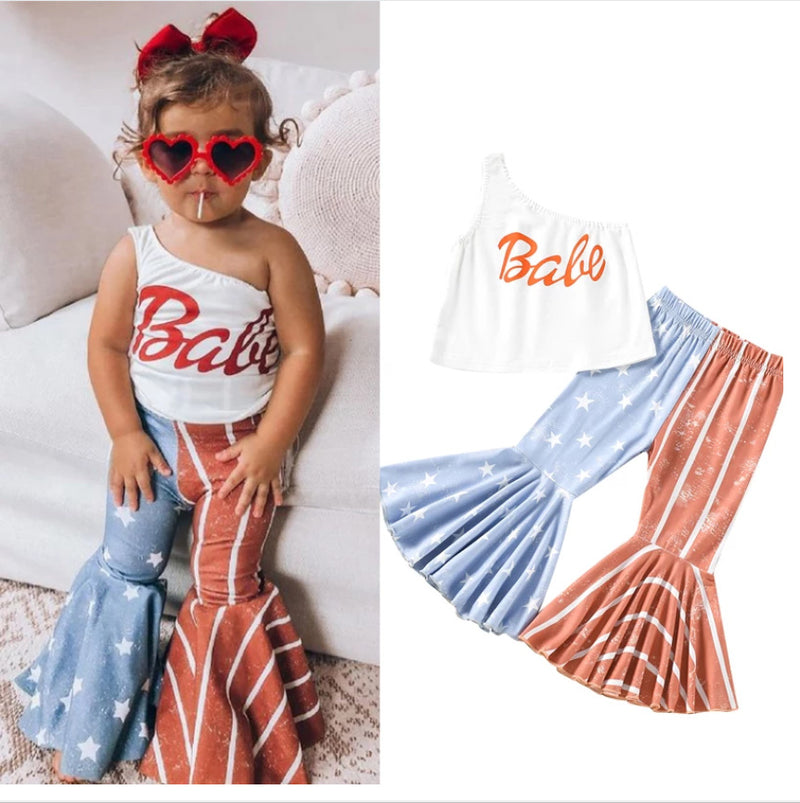 Fashion Kids Baby Girls One Shoulder Star Flare 2pcs Sets