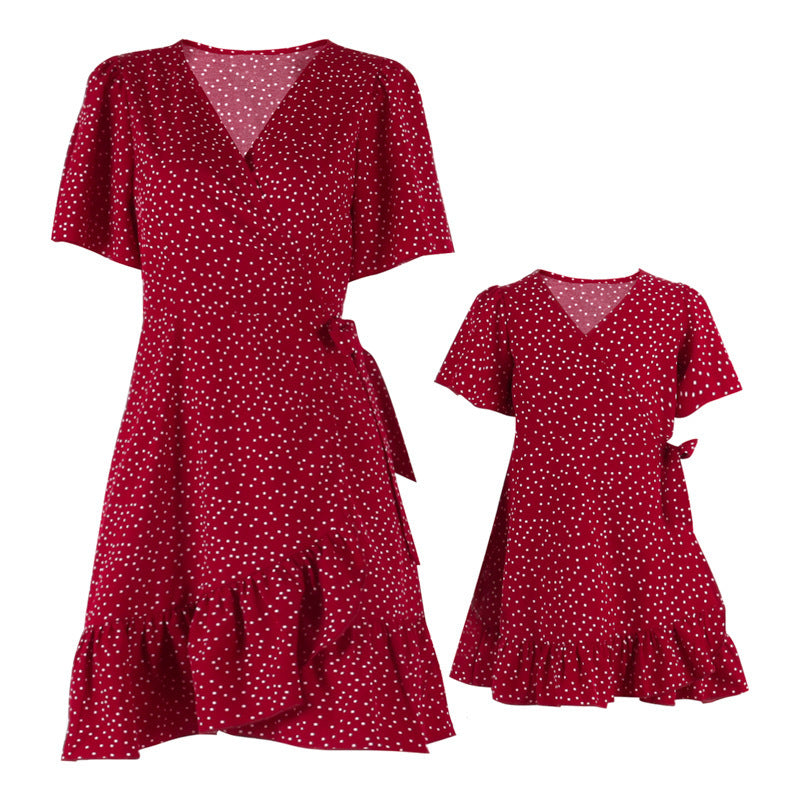 Family Matching Mother Daughte  Wave Point Wooden Loose Casual Dresses