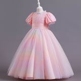 Kid Gir Princess Mesh Gauze Wedding Bubble Sleeve Piano Long Dresses
