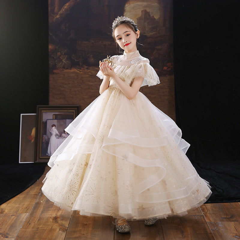 Kids Long Girl Champagne Sequin Embroidery Teenagers Ceremony Dress