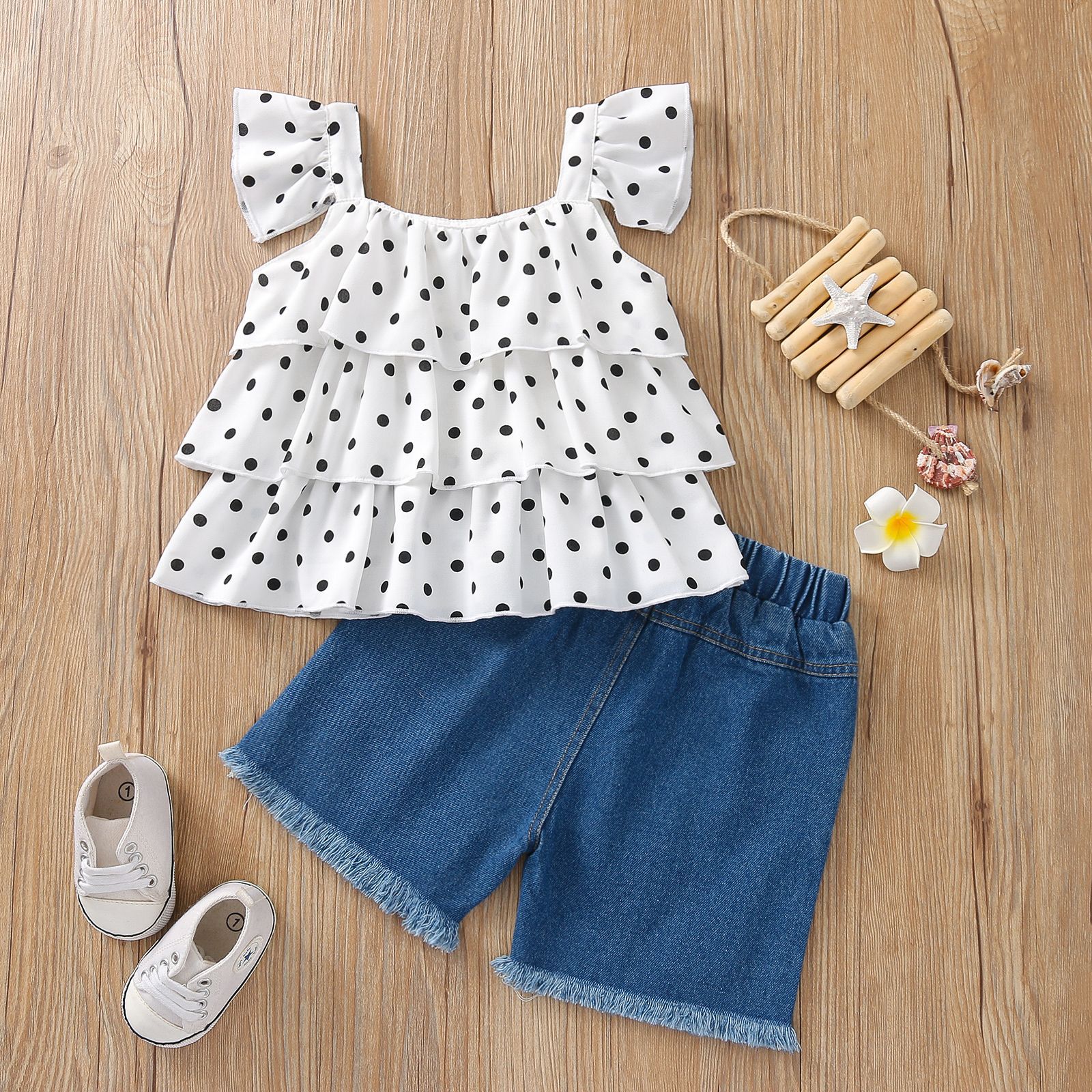 Summer Kid Baby Girls Polka Dot Halter Top Jean Shorts 2 Pcs Sets