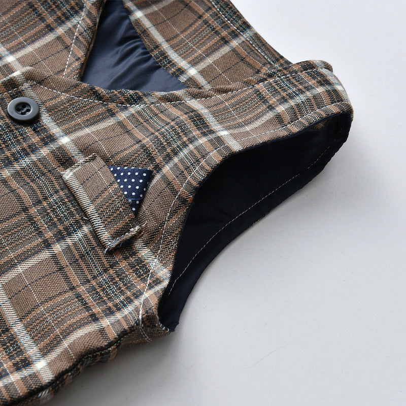 Kid Baby Boy Suit Korean Plaid Long Sleeve British 3 Pcs Sets