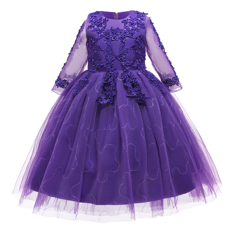 Kid Girl Wedding Pompous Gauze Princess Long Sleeve Sequin Mesh Dresses