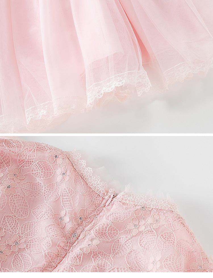 Kid Baby Girl Pearl Lace Gauze Princess Long Sleeve Dresses