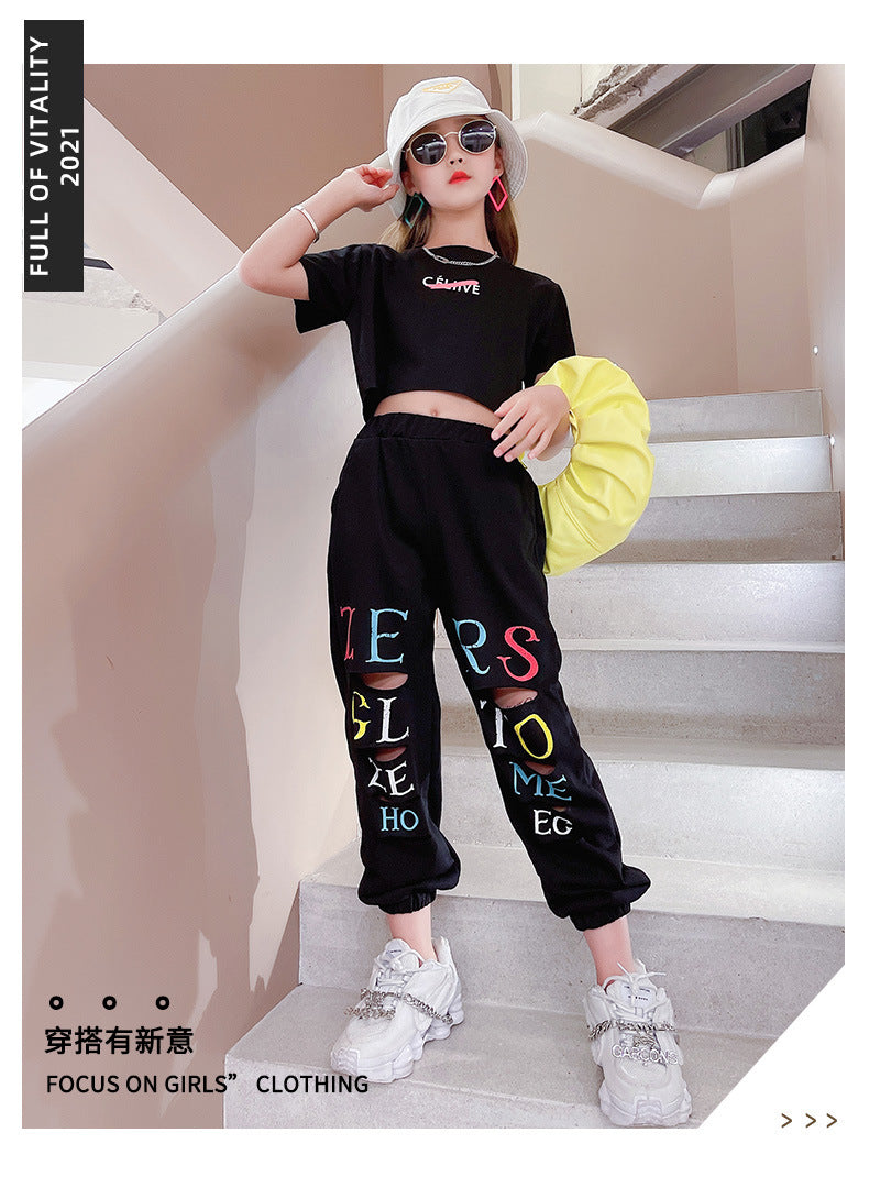 Kid Teenager Girls Summer Fashion Streetwear Ripped Cotton 2 Pcs Sets