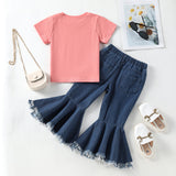Kid Baby Girl Summer Plain Letter Ripped Flared 3 Pcs Sets