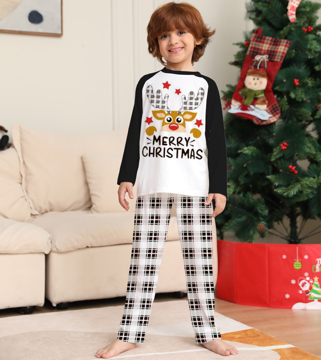 Family Matching Parent-child Fawn Alphabet Plaid Christmas Home Pajamas