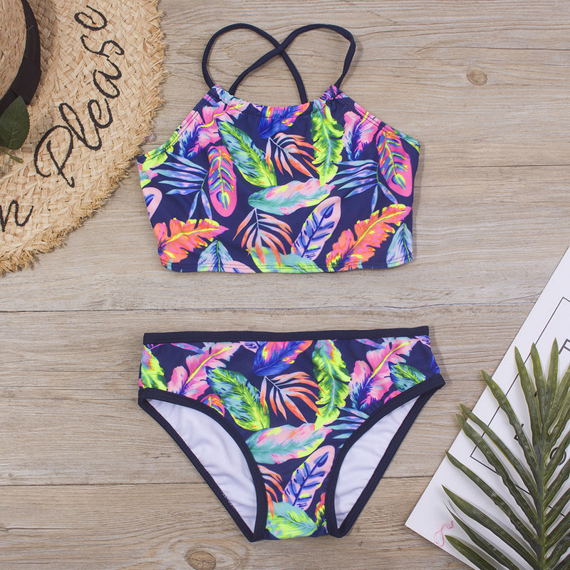 Kid Girls Swimwear Feather Print Binding Bikini Swimsuits