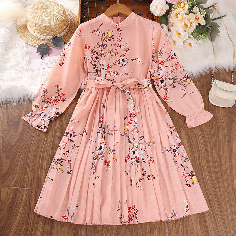Kid Girls Princess Retro Long-sleved Autumn Winter Flower Dress