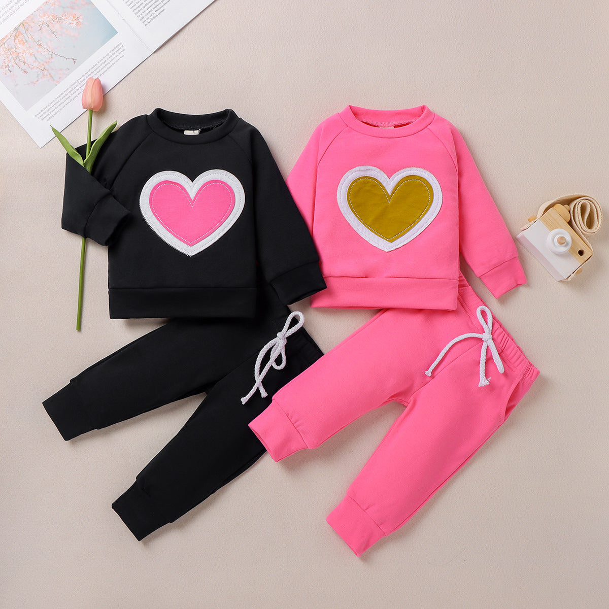 Infants Baby Girl Valentine  Pure Color Long Sleeve Love Suit 2 Pcs Set