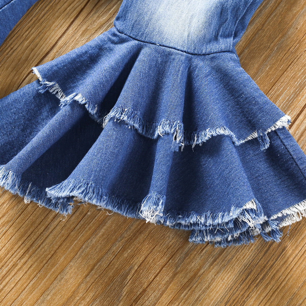 Baby Girls Printed One-collar Top  Denim Double Flared Suit 2 Pcs Sets