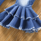 Baby Girls Printed One-collar Top  Denim Double Flared Suit 2 Pcs Sets