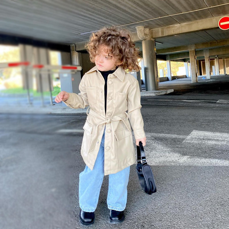 Kid Baby Girl Long Sleeve  INS Windbreaker Wind Leather Coat