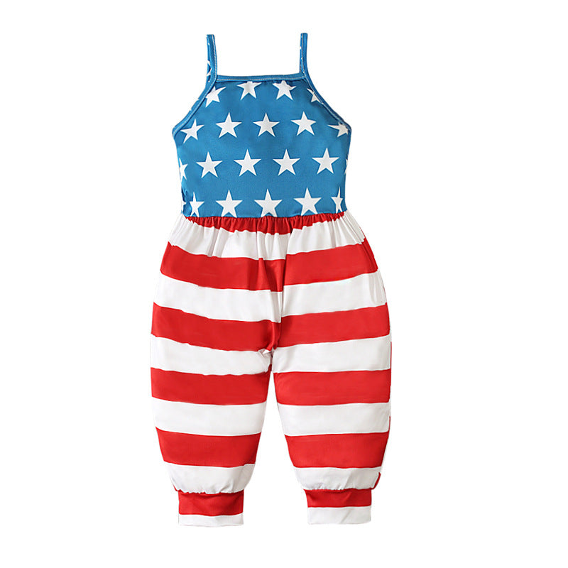 Kid Baby Girl Onesie Crawl Suit  American Flag Halter Pants Trousers