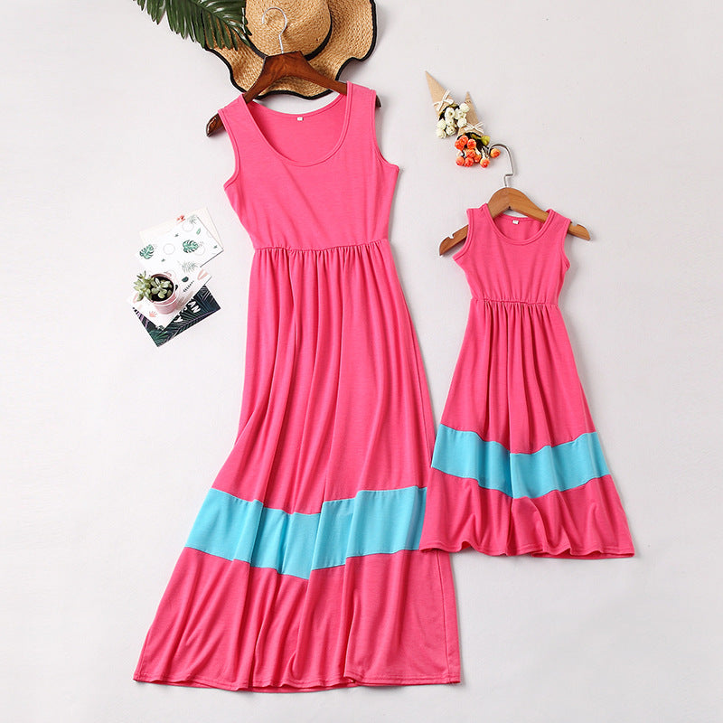 Family Matching Solid Color Patchwork Mother-daughter Vest Dresses