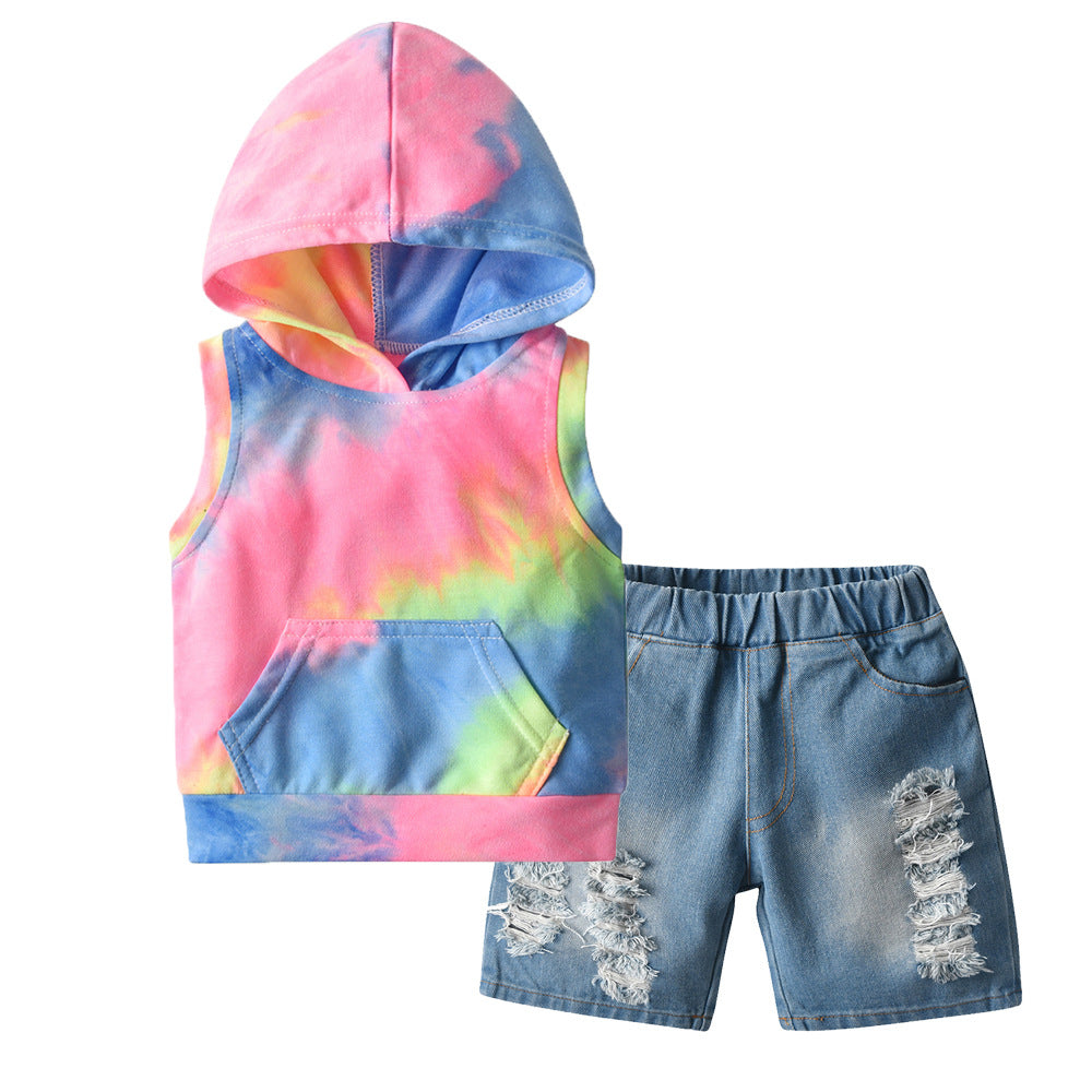 Kid Baby Boys Set Hooded Sleeveless Tie-dye Pullover 2 Pcs Set