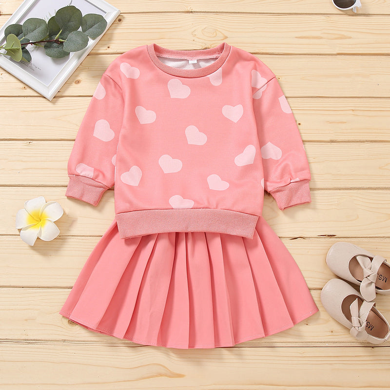 Girl Valentine's Day Autumn Dress Heart Printed Long Sleeves Pleated Sets 2 Pcs