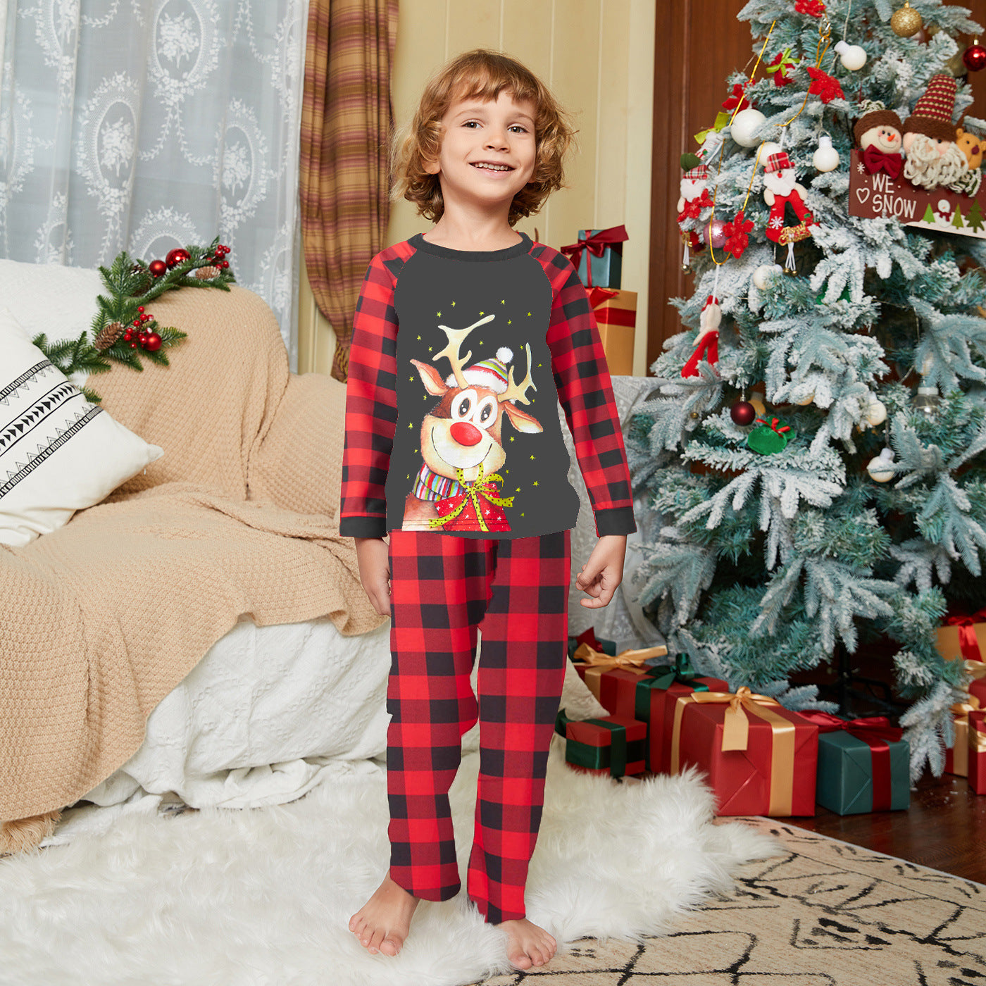 Family Fawn Cartoon Print Festive Plaid Christmas Parent-child Pajamas