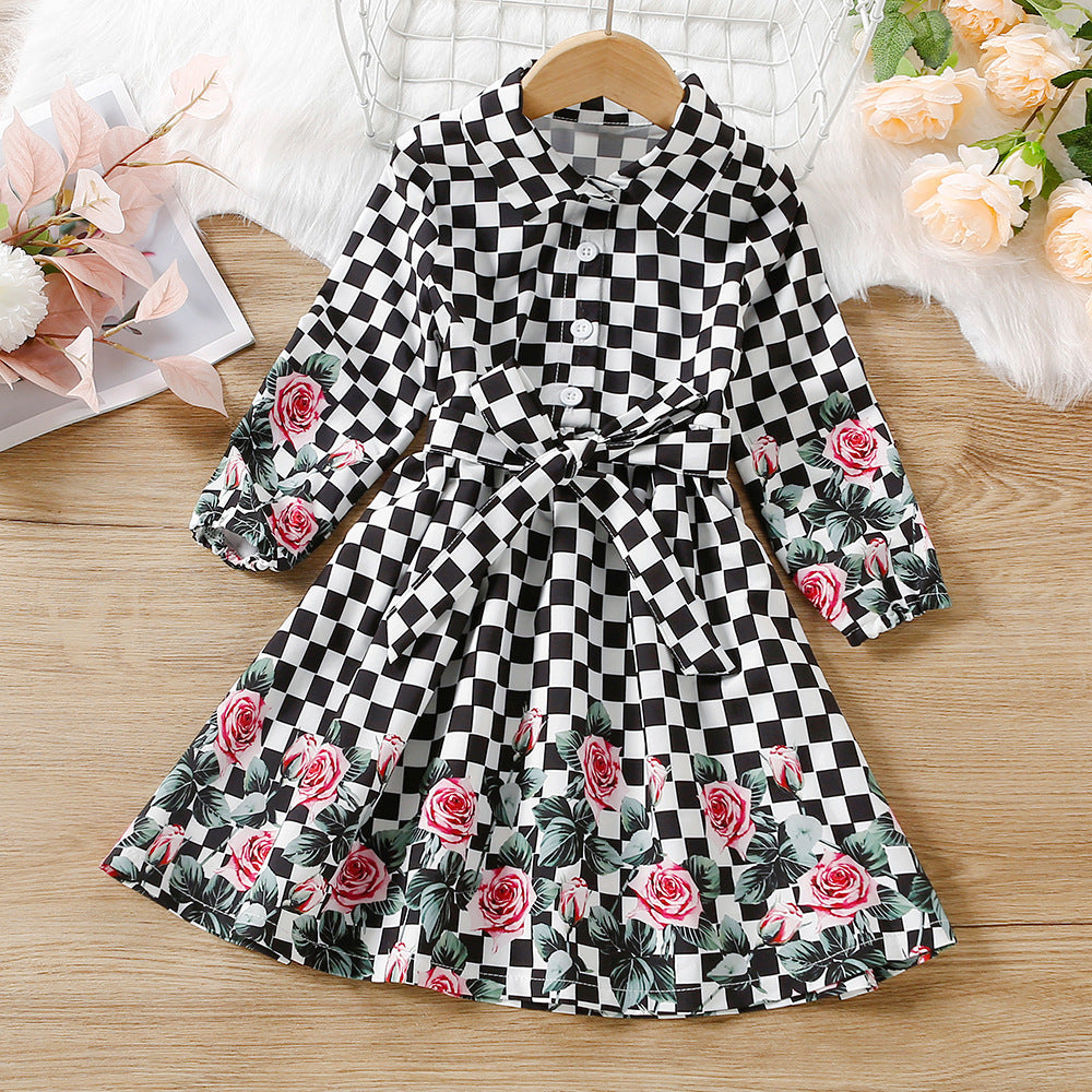 Toddler Kid Baby Girl Checkered Floral Print Princess Spring Autumn Dress