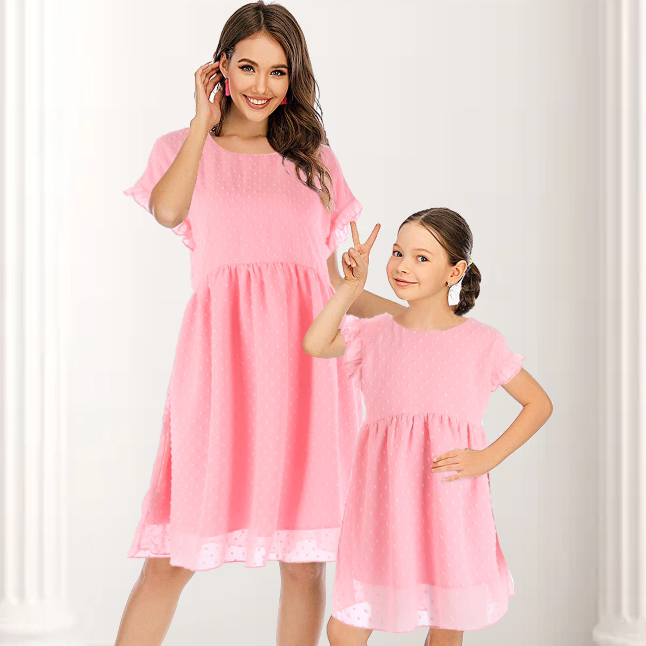 Family Matching Mother Daughter Round Collar Short Sleeves Lovely Dresses