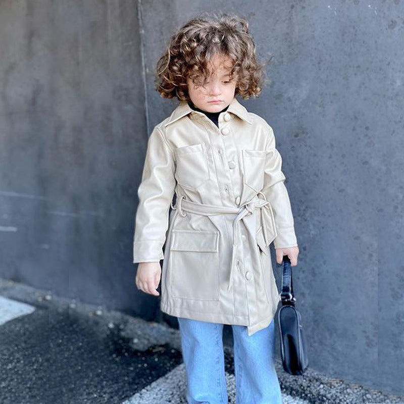 Kid Baby Girl Long Sleeve  INS Windbreaker Wind Leather Coat