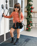 Kid Baby Girl Suit Long Sleeve Pit Stretch PU Leather 2 Pcs Sets