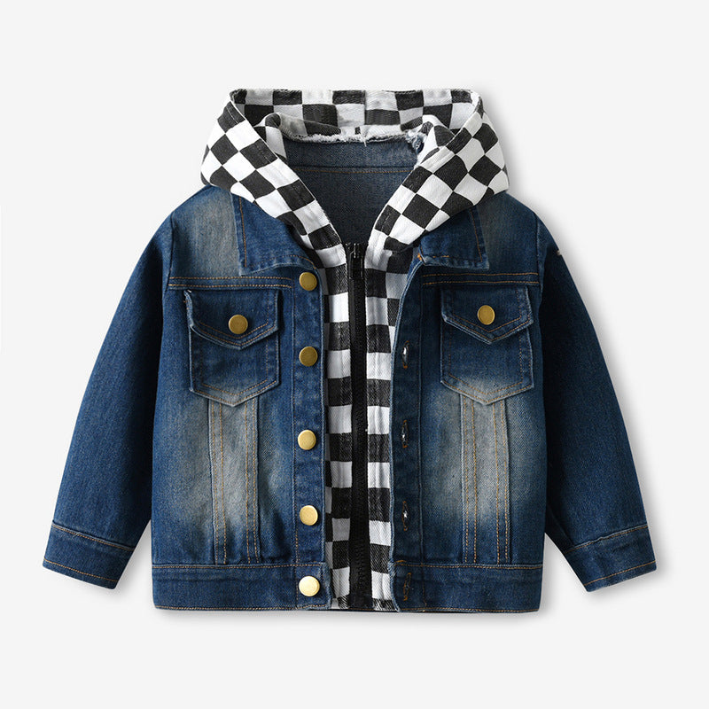 Kid Baby Boy Denim Long Sleeve Casual Coat Checkerboard Coats