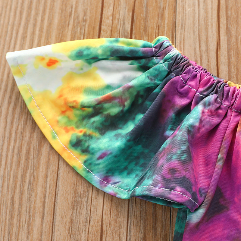 Kid Baby Girl Tie-dye Printed One-shoulder Shorts 3 Pcs Sets