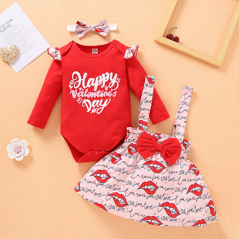 Baby Girl Valentine's Day Long Sleeves Bodysui 3pcs Sets