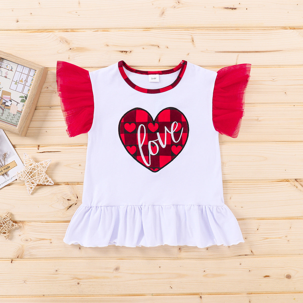 Baby Kid Girls Valentine's Day Check Suit Red Heart Short Sleeve 2 Pcs Sets