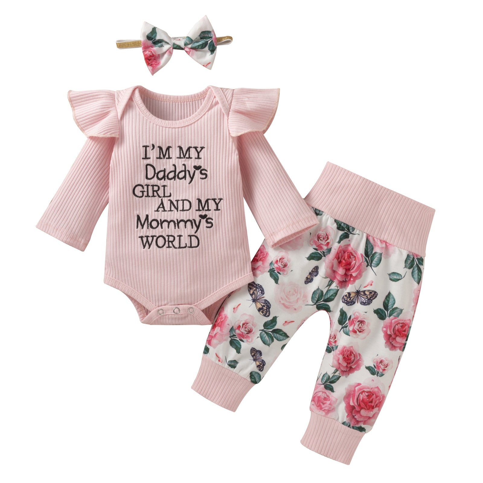 Baby Girl Suit Stripe Long Sleeve Letter Embroidered Flower 3 Pcs Sets
