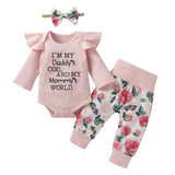 Baby Girl Suit Stripe Long Sleeve Letter Embroidered Flower 3 Pcs Sets