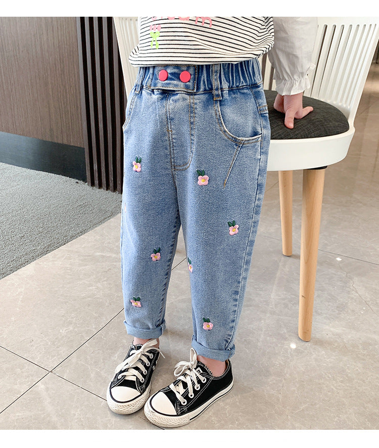 Kid Girls Flower Jeans Foreign Casual Trousers Spring Autumn Pants