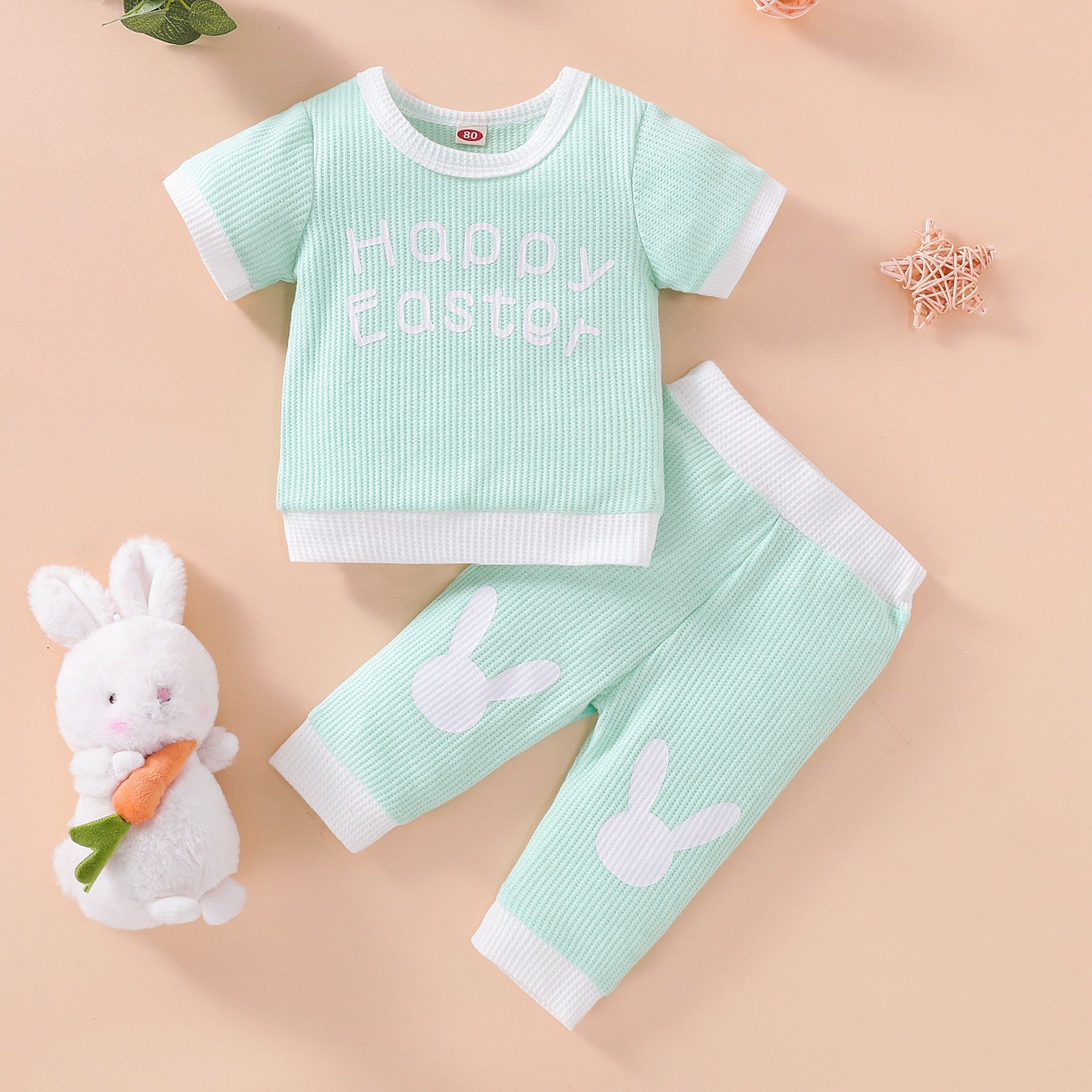 Easter Baby Suit Grid Offset Short Sleeve Rabbit 2 Pcs Sets