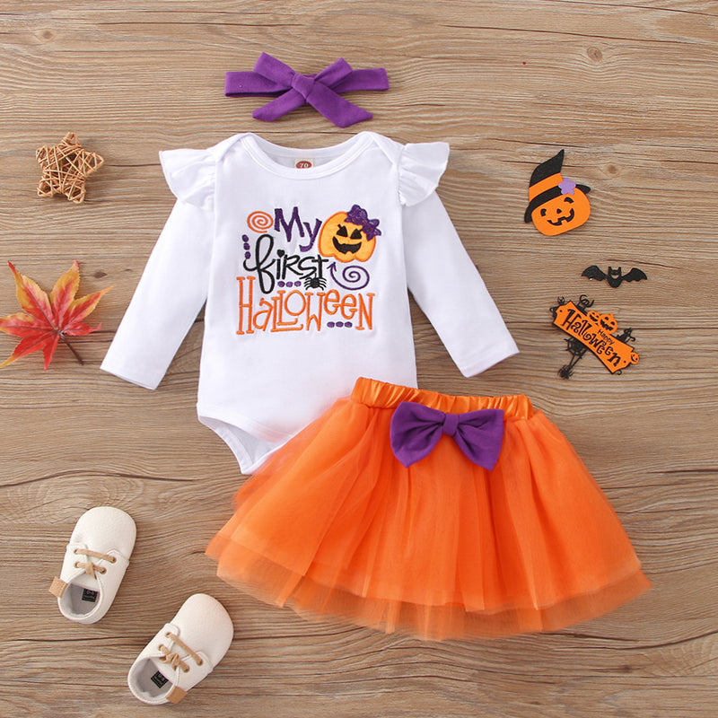 Baby Girls Set Pumpkin Print Bow Mesh Gauze Halloween 2 Pcs