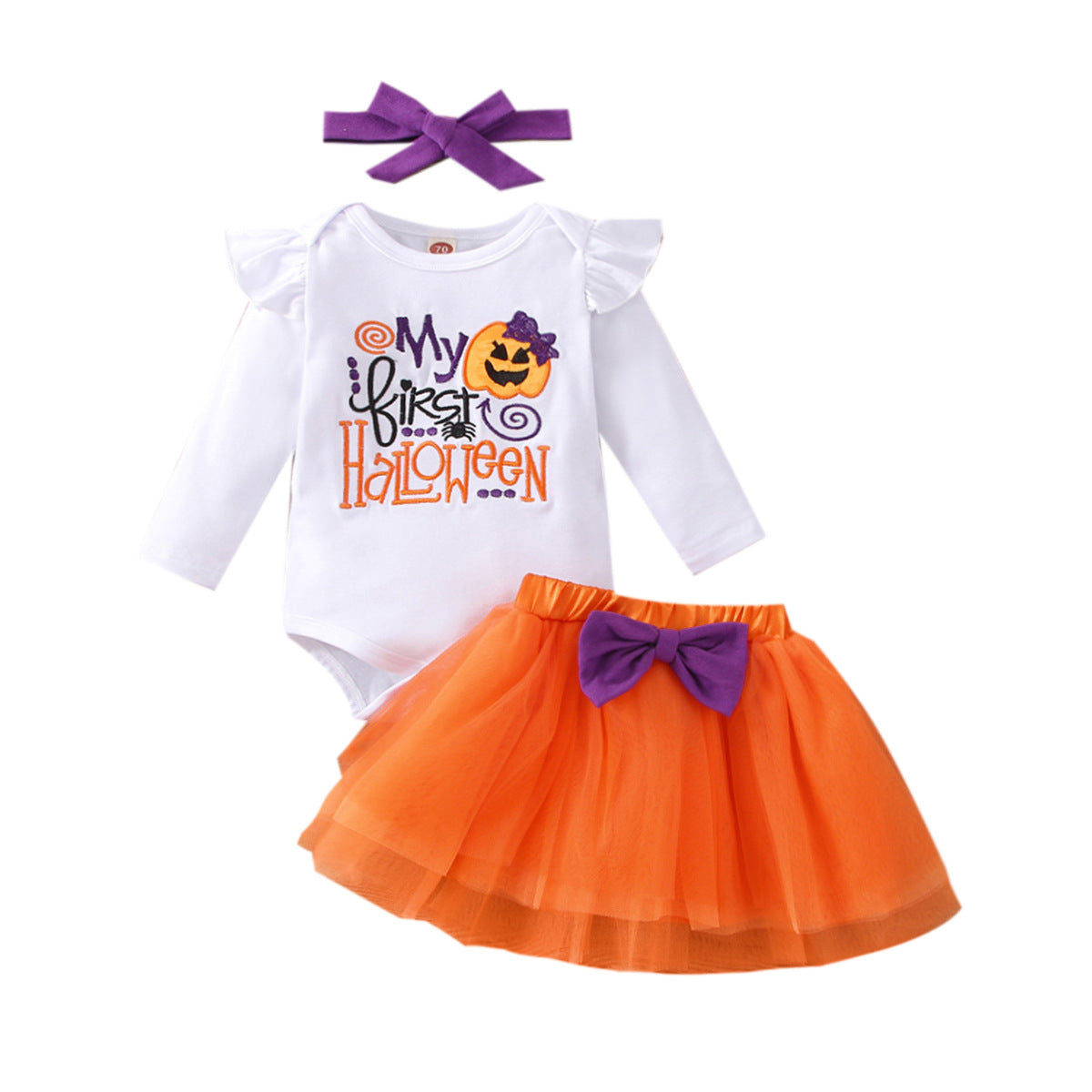 Baby Girls Set Pumpkin Print Bow Mesh Gauze Halloween 2 Pcs