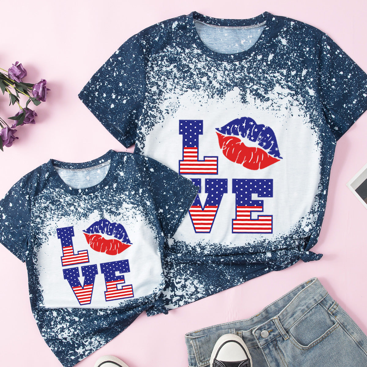 Family Matching Mother Daughter Short Sleeves Independence Day Cotton T-shirt