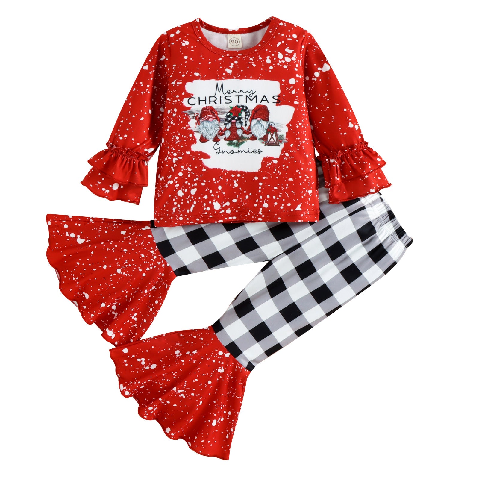 Kid Baby Girl Christmas Cartoon Printed Plaid Bell Bottoms Sets 2 Pcs