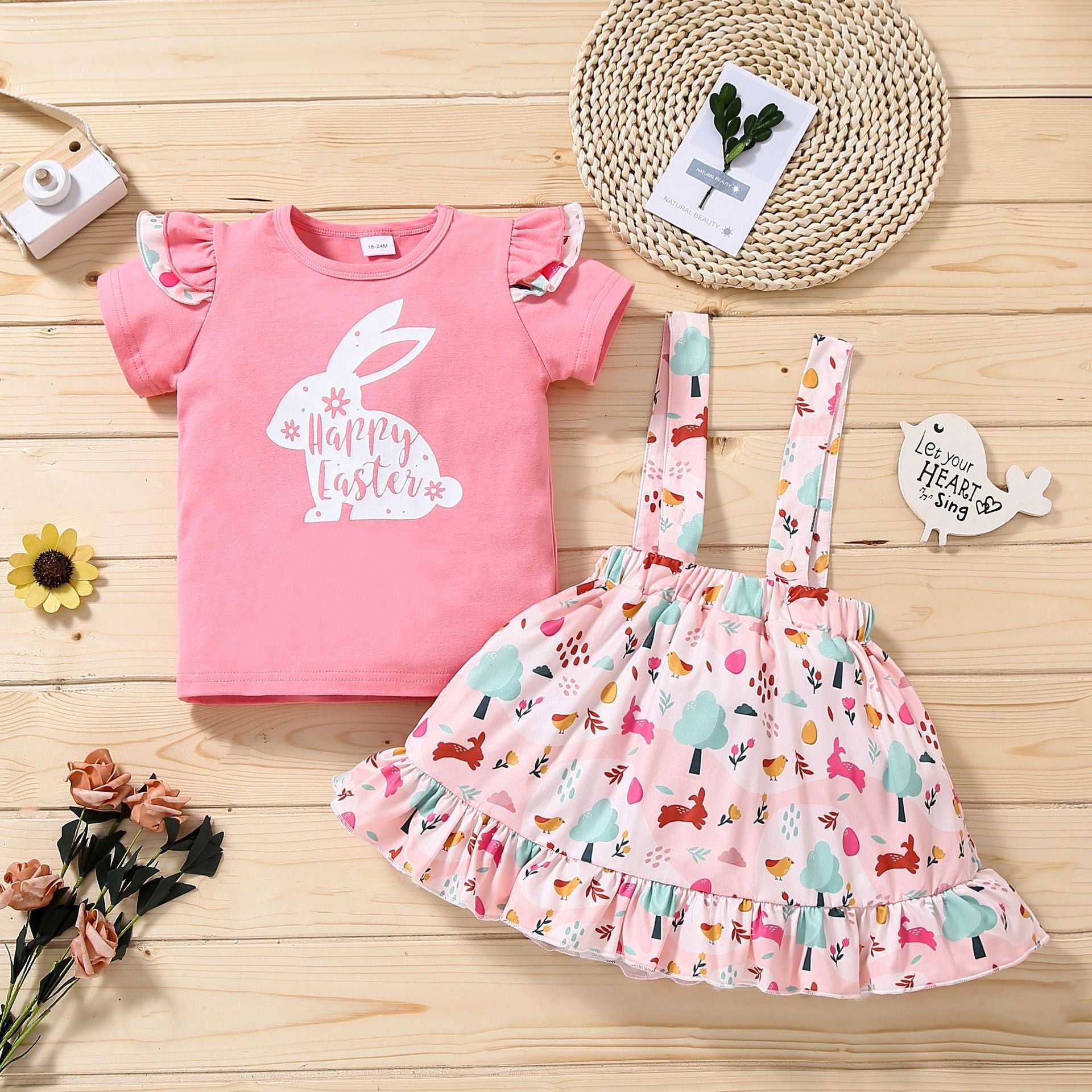 Baby Kid Girl Easter Bunny Floral Letter Flying Sleeves Braces Sets 2 Pcs