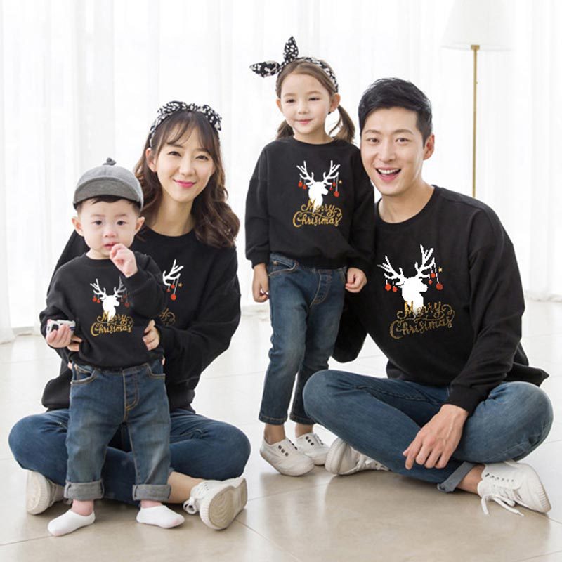 Family Matching Fashion Casual Christmas Elk Letter Printing Shirts