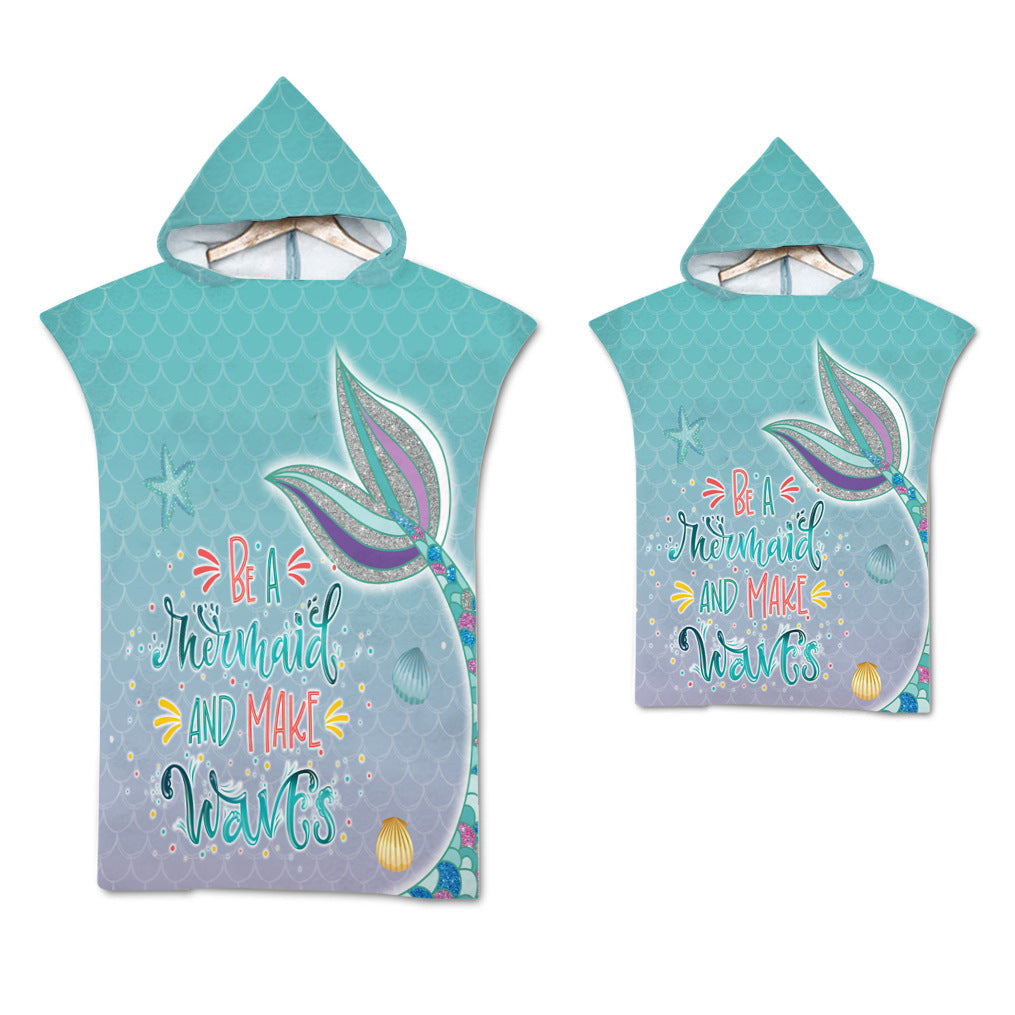Mermaid Hooded Microfiber Fabric Beach Towel Bathrobe Pajamas for Adult Kid