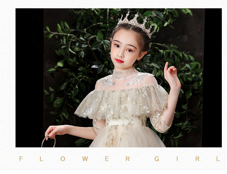 Kids Long Girl Champagne Sequin Embroidery Teenagers Ceremony Dress