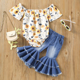 Baby Girls Printed One-collar Top  Denim Double Flared Suit 2 Pcs Sets