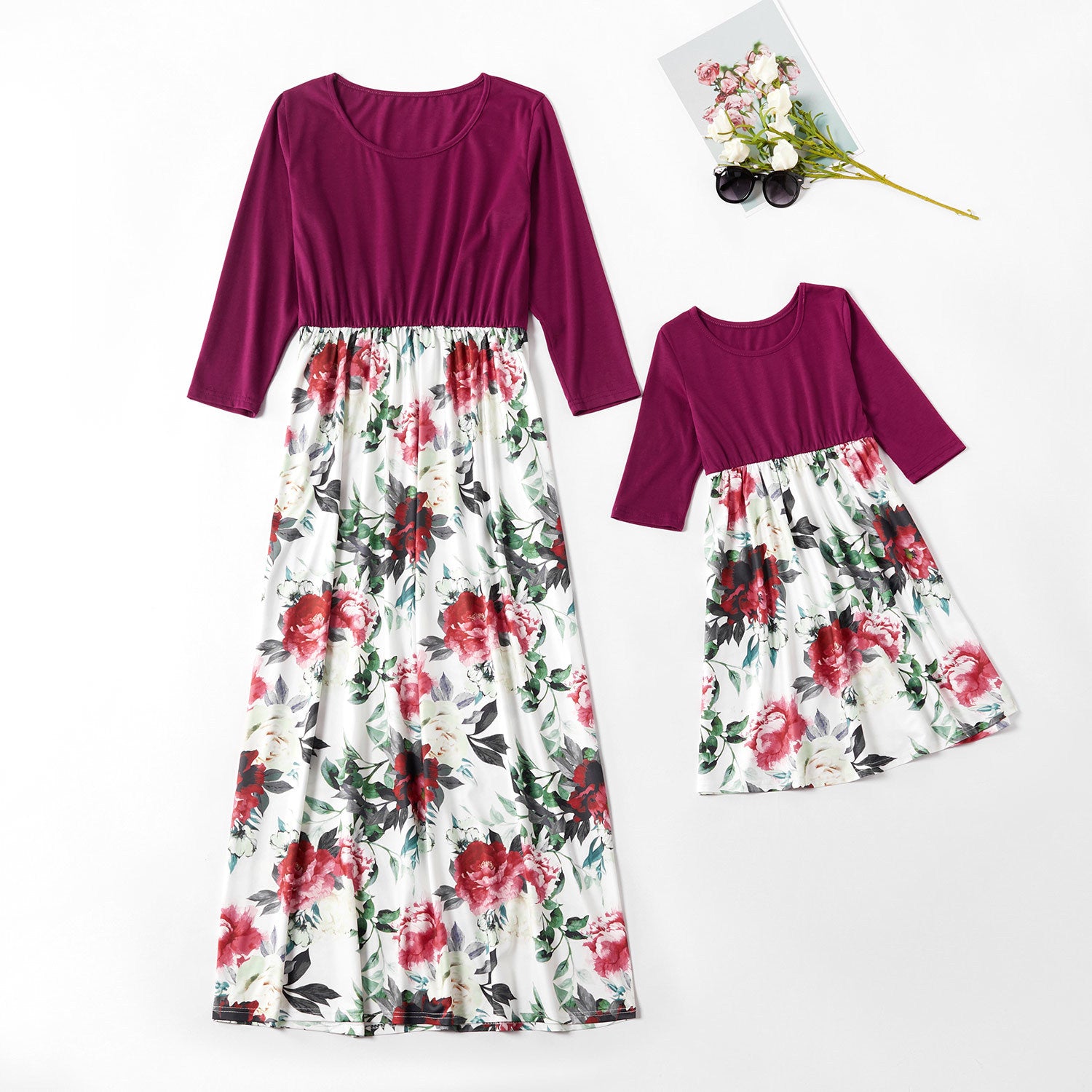 Family Matching Mother Daughter Printed Stitching Dress