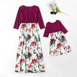 Family Matching Mother Daughter Printed Stitching Dress