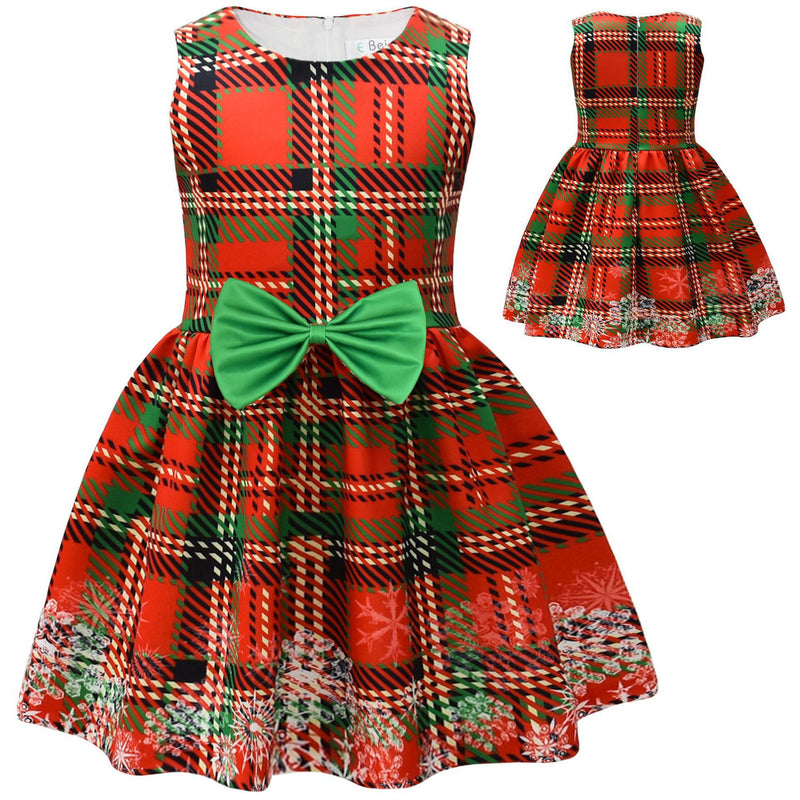 Kid Girl Bow Red Plaid Christmas Party Dresses