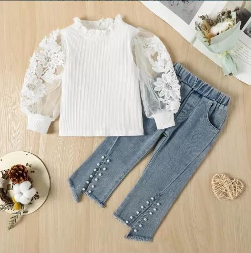 Kid Baby Boy Embroidered Mesh Bubble Sleeve Pearl Hem Jeans 2 Pcs Sets