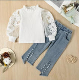Kid Baby Boy Embroidered Mesh Bubble Sleeve Pearl Hem Jeans 2 Pcs Sets